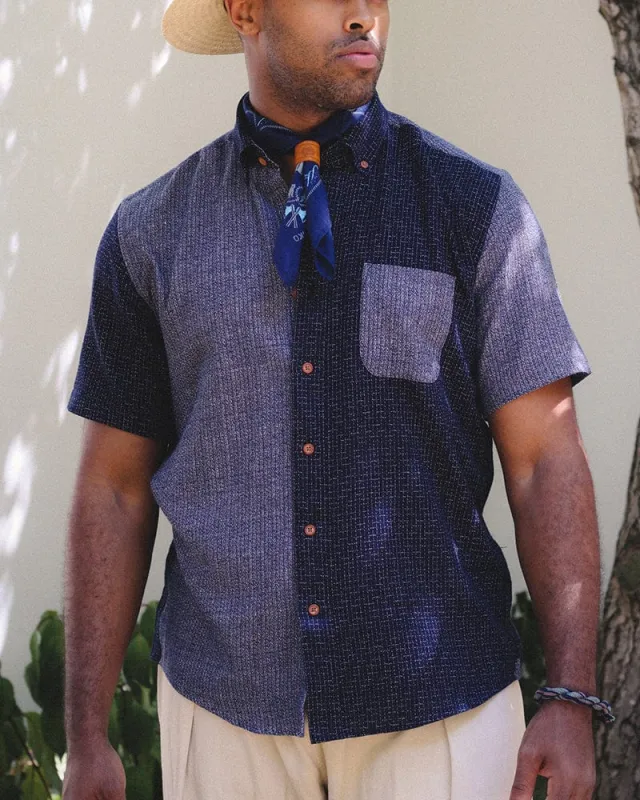 ToK Shirt, Short Sleeve Button-Up, Nashiji and Chijimi Indigo Color Block Grid sold by Kiriko