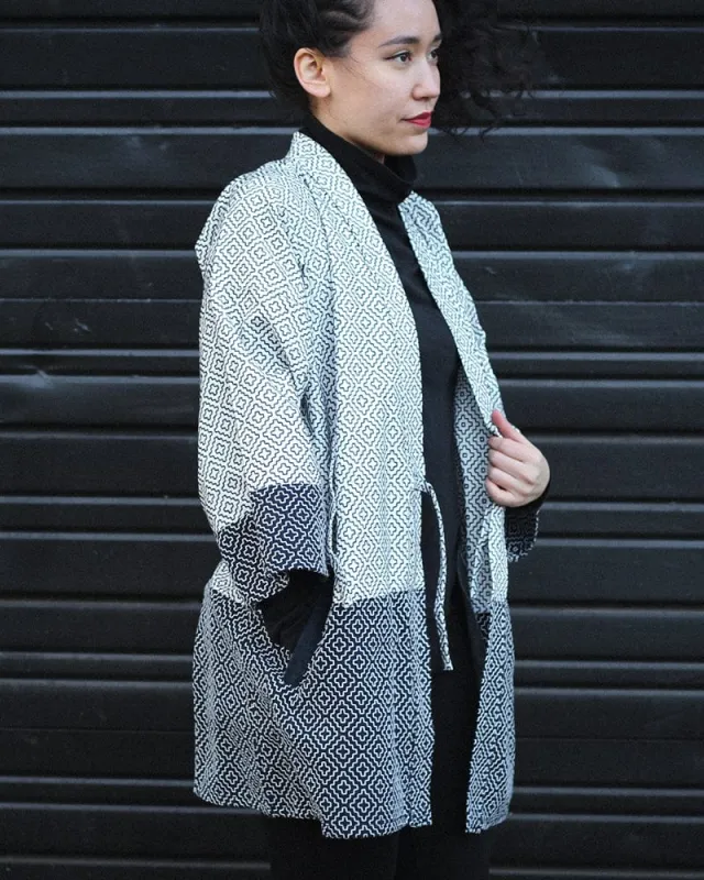 Kiriko Custom Modern Hitomezashi Dougi Jacket, Navy and White Split 02 sold by Kiriko
