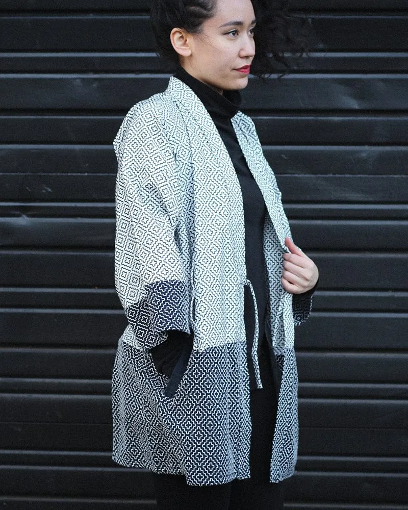Kiriko Custom Modern Hitomezashi Dougi Jacket, Navy and White Split 02 sold by Kiriko