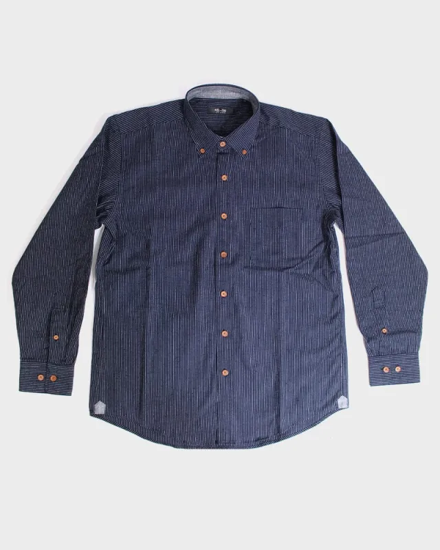 ToK Shirt, Long Sleeve Button-Up, Indigo with Thin White Shima sold by Kiriko