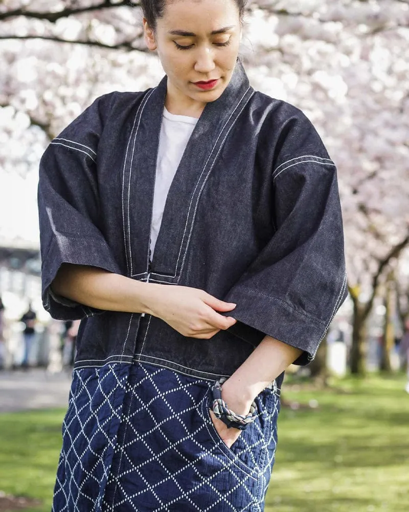 Modern Happi Jacket, Sashiko, Dark Indigo Denim with Multi-Color Asanoha sold by Kiriko