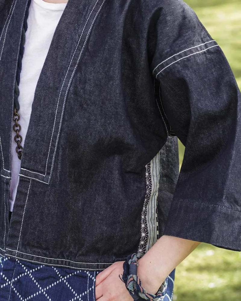 Modern Happi Jacket, Sashiko, Dark Indigo Denim with Multi-Color Asanoha sold by Kiriko product image thumbnail 2