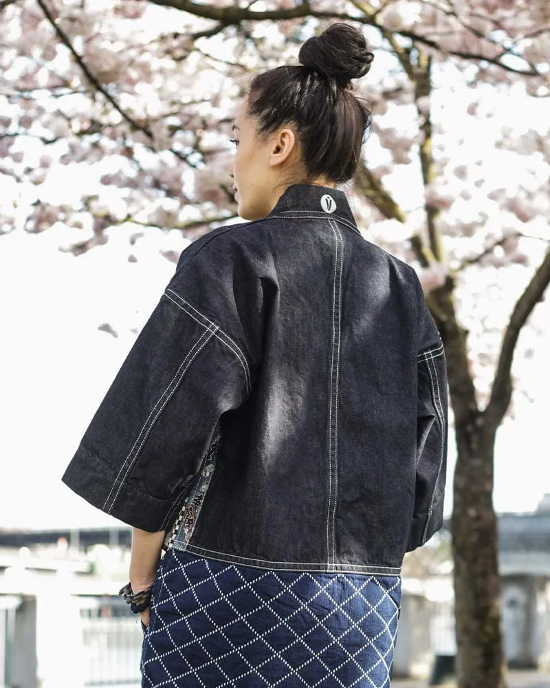 Modern Happi Jacket, Sashiko, Dark Indigo Denim with Multi-Color Asanoha sold by Kiriko product image thumbnail 3