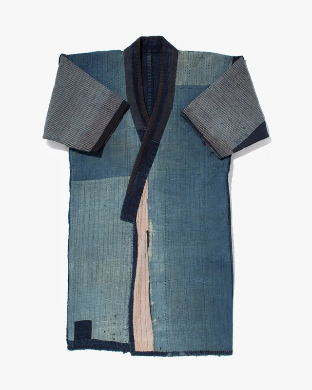 Vintage Noragi Jacket, Fully Sashiko Stitched, Indigo with Striped Sleeves sold by Kiriko