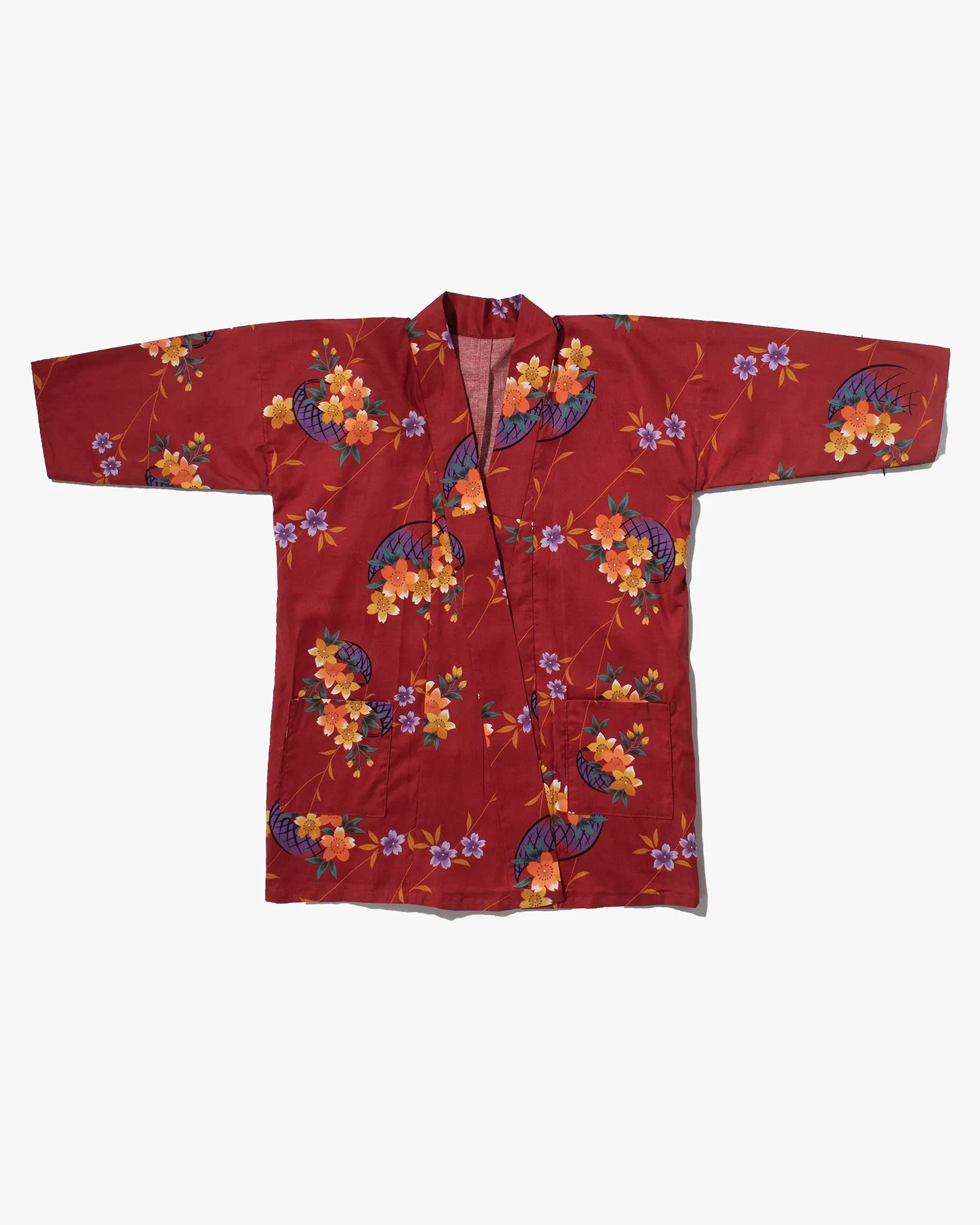 Kiriko Custom, Altered Yukata Jacket, Red with Multi color flowers and Purple Accents sold by Kiriko