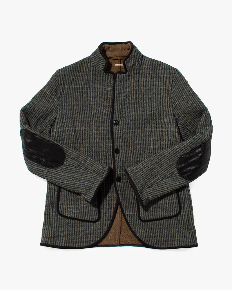 Japanese Repro Wool Coat, Kapital, Gray and Brown Stripes with Leather Elbow Patches- M sold by Kiriko