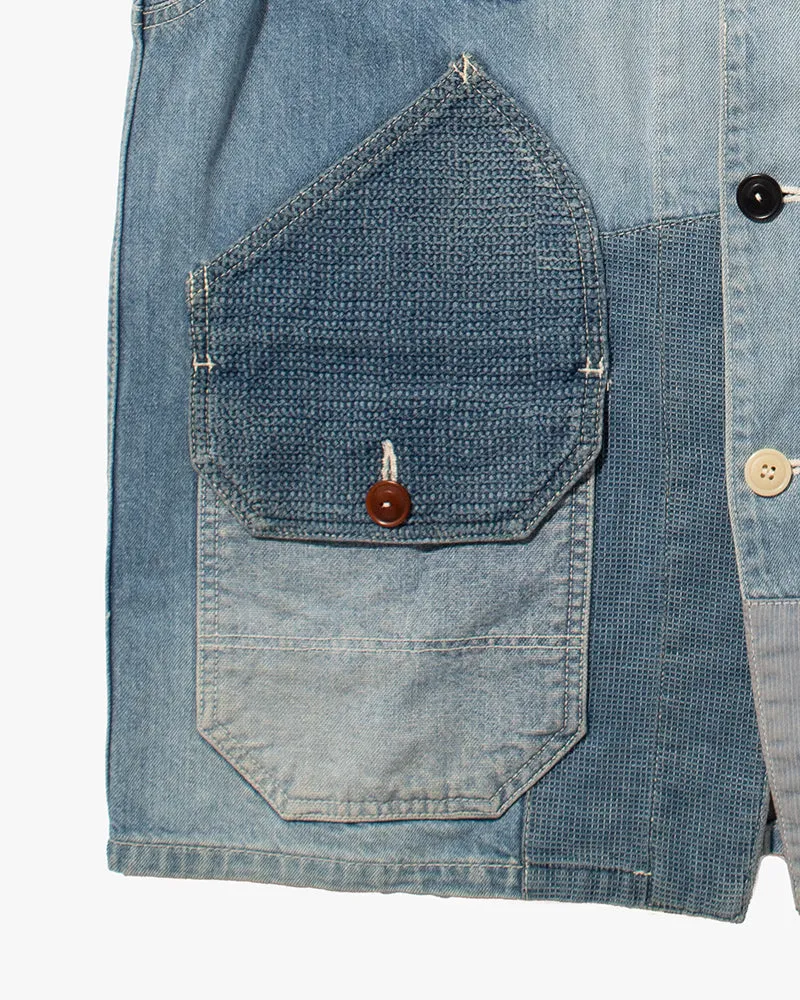Japanese Repro Denim Chore Coat, FDMTL, Light Wash with Chevron Patches and Multicolor Buttons - L sold by Kiriko product image thumbnail 5