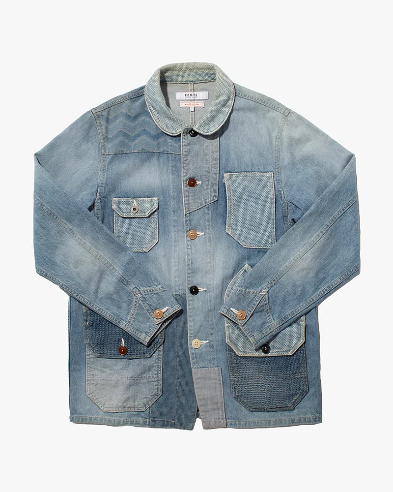 Japanese Repro Denim Chore Coat, FDMTL, Light Wash with Chevron Patches and Multicolor Buttons - L sold by Kiriko