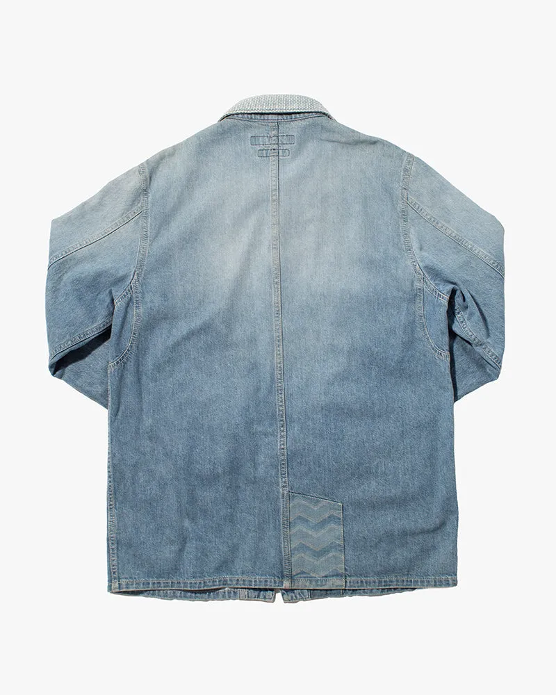 Japanese Repro Denim Chore Coat, FDMTL, Light Wash with Chevron Patches and Multicolor Buttons - L sold by Kiriko product image thumbnail 3
