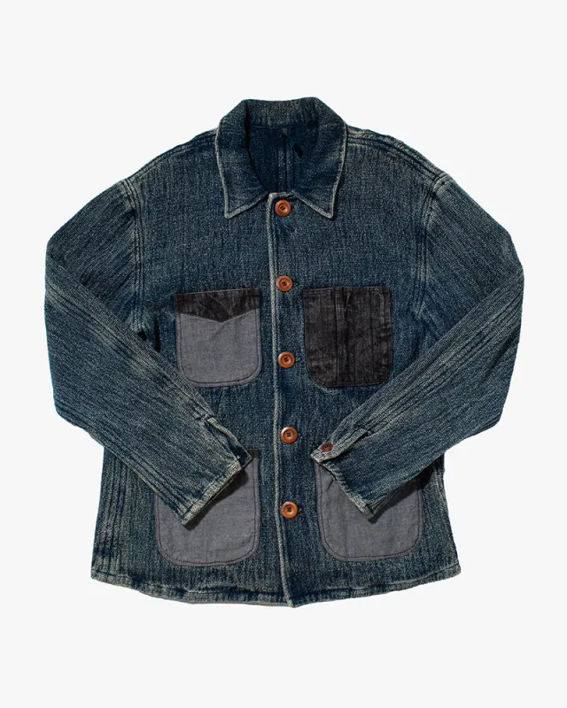 Japanese Repro Denim Chore Coat, Eternal, Dark Wash with Gray Pockets - LL sold by Kiriko