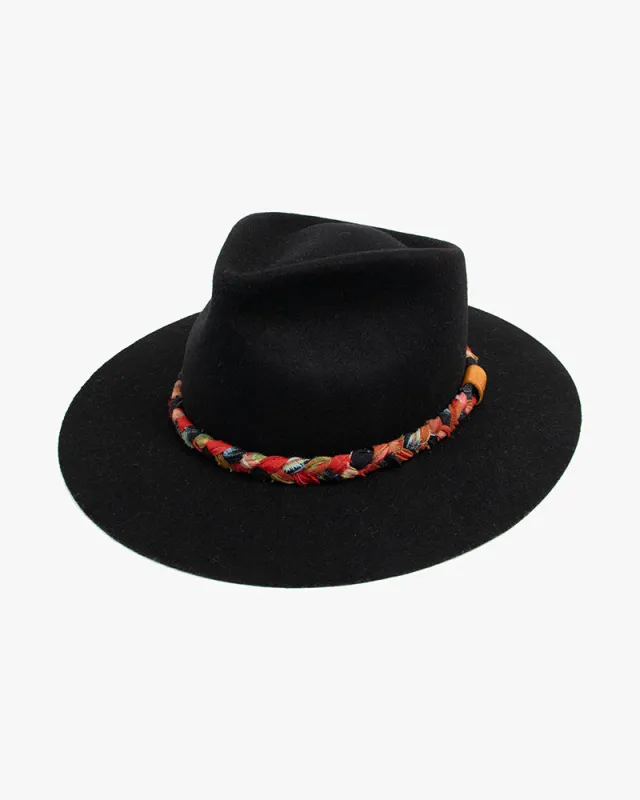 Kiriko Custom Wool Felt Hat, Black with Braided Boro Fabric, Yellow 108, Red and Indigo sold by Kiriko