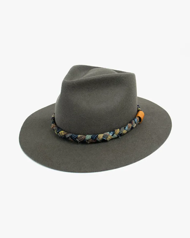 Kiriko Custom Wool Felt Hat, Gray with Braided Boro Fabric, Yellow 108, Blue and Yellow sold by Kiriko