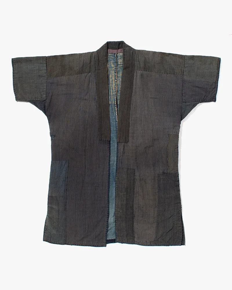 Vintage Noragi Jacket, Fully Sashiko Stitched, Indigo with Striped Details sold by Kiriko
