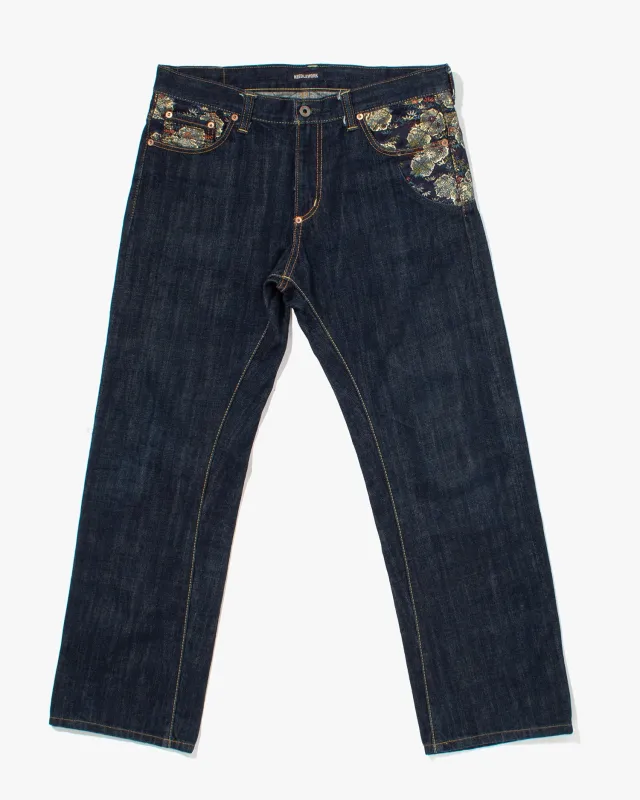 Japanese Repro Denim Jeans, Needlework, Navy Floral Detailing - 35 sold by Kiriko