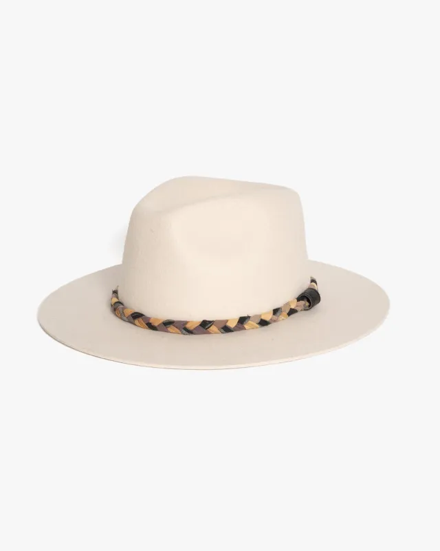 Kiriko Custom Wool Felt Hat, Stone with Braided Boro Fabric, Brixton, Taupe and Cream sold by Kiriko