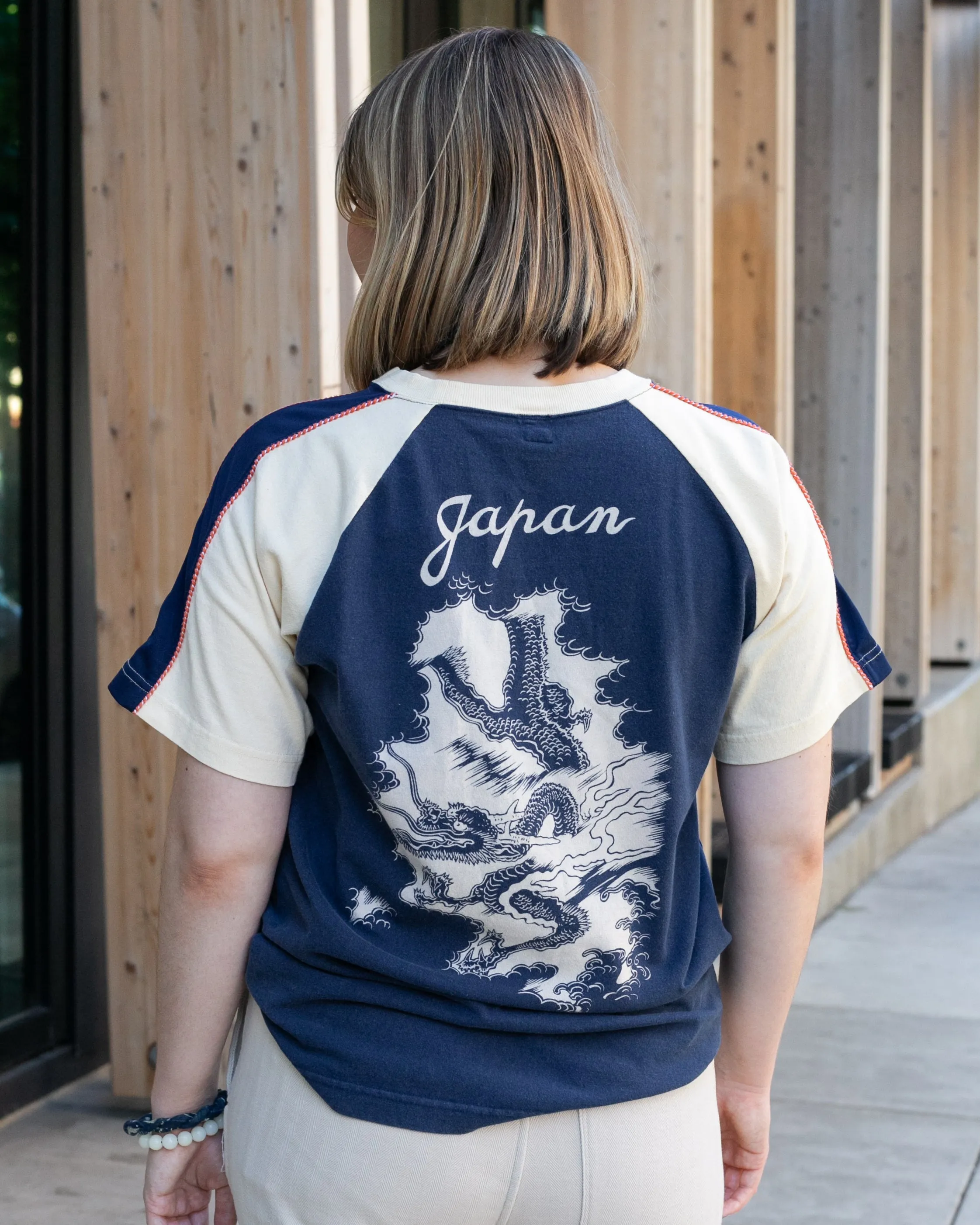 Japanese Repro Suka-Inspired Baseball Tee, Pherrow's Brand, Navy with Dragon - S/M sold by Kiriko product image thumbnail 2