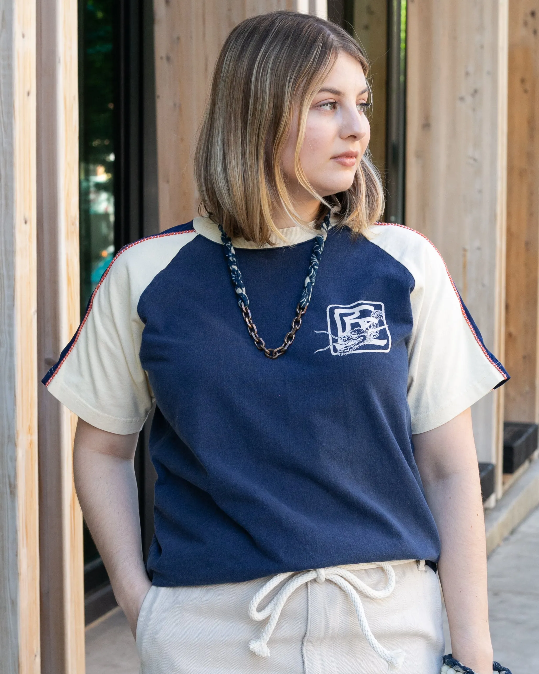 Japanese Repro Suka-Inspired Baseball Tee, Pherrow's Brand, Navy with Dragon - S/M sold by Kiriko product image thumbnail 3
