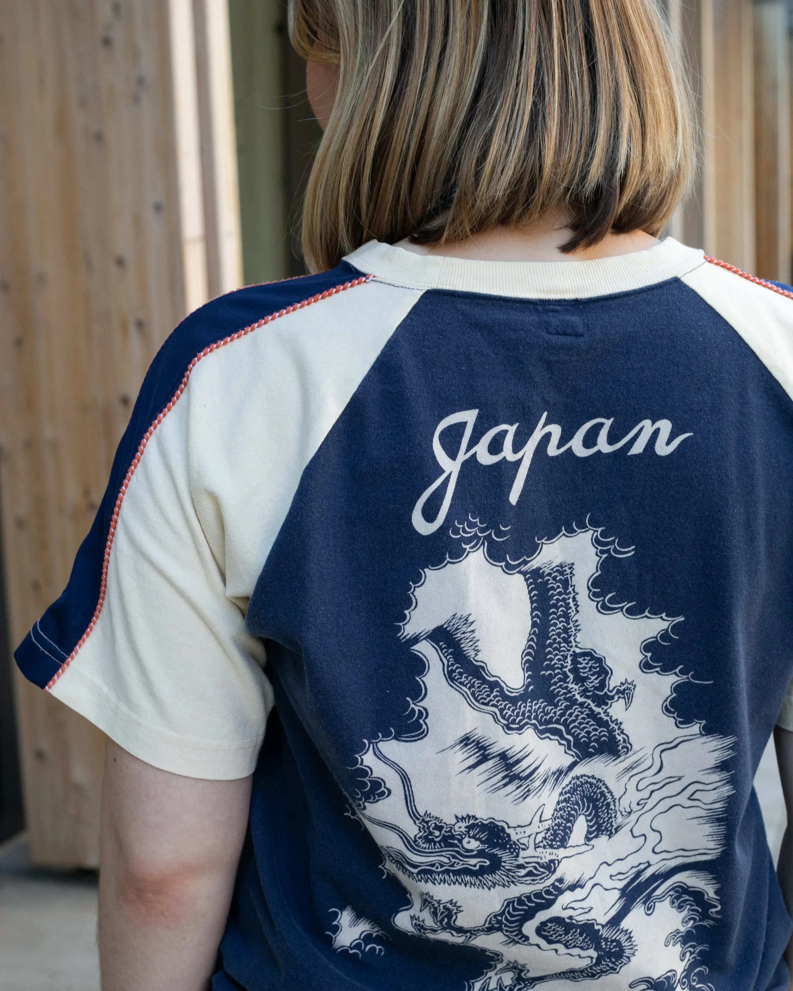 Japanese Repro Suka-Inspired Baseball Tee, Pherrow's Brand, Navy with Dragon - S/M sold by Kiriko