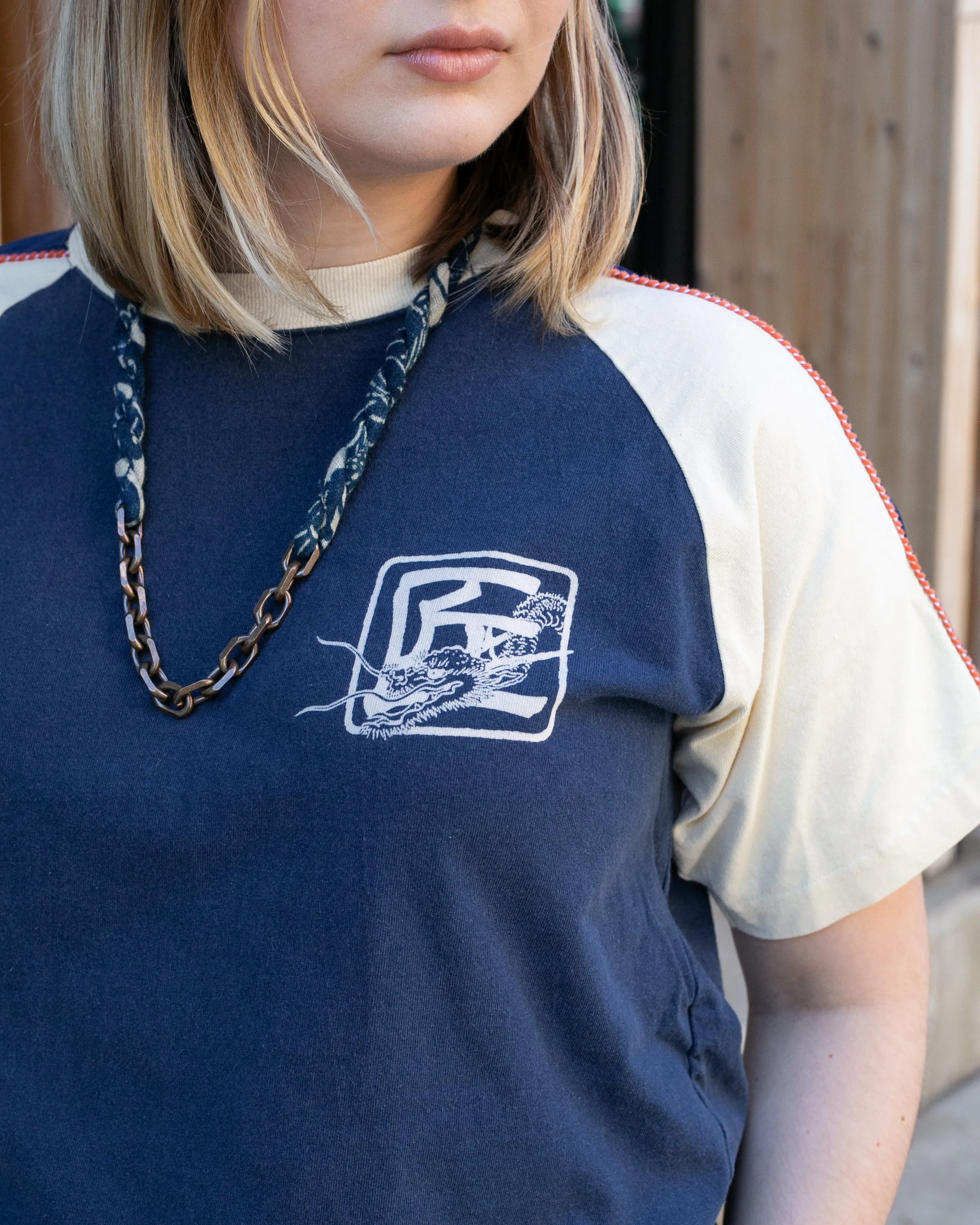 Japanese Repro Suka-Inspired Baseball Tee, Pherrow's Brand, Navy with Dragon - S/M sold by Kiriko product image thumbnail 4