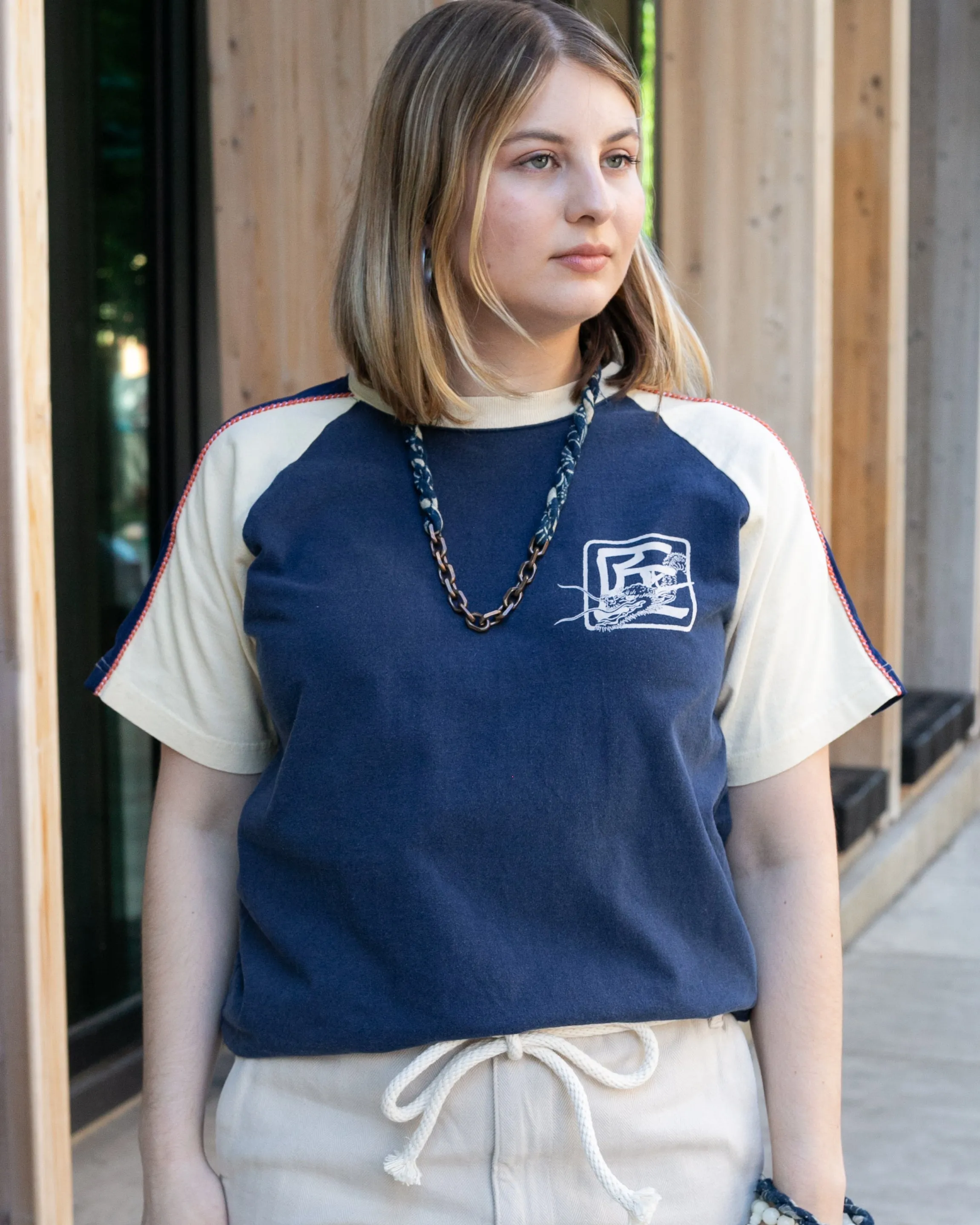 Japanese Repro Suka-Inspired Baseball Tee, Pherrow's Brand, Navy with Dragon - S/M sold by Kiriko product image thumbnail 5