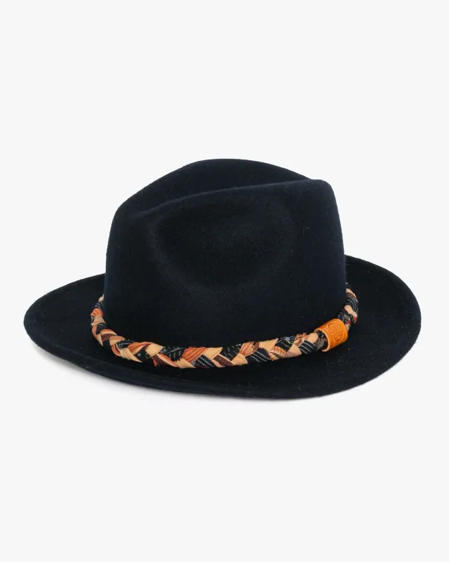 Kiriko Custom Wool Felt Hat, Navy with Braided Boro Fabric, Yellow 108, Indigo and Orange sold by Kiriko