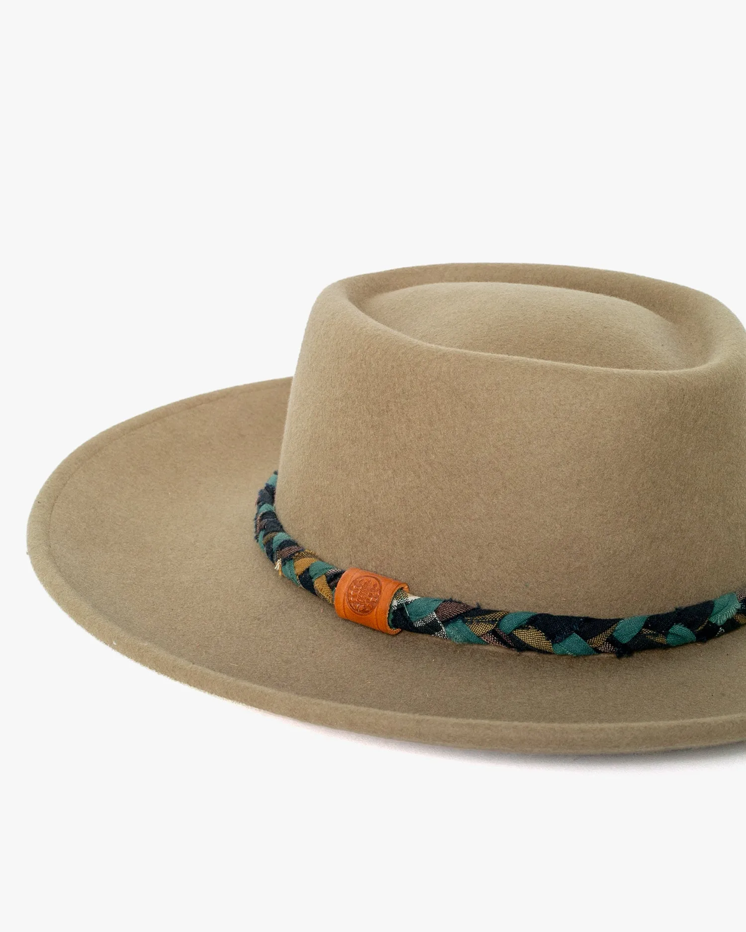 Kiriko Custom Wool Felt Hat, Camel with Braided Boro Fabric, Brixton, Teal and Indigo sold by Kiriko product image thumbnail 2
