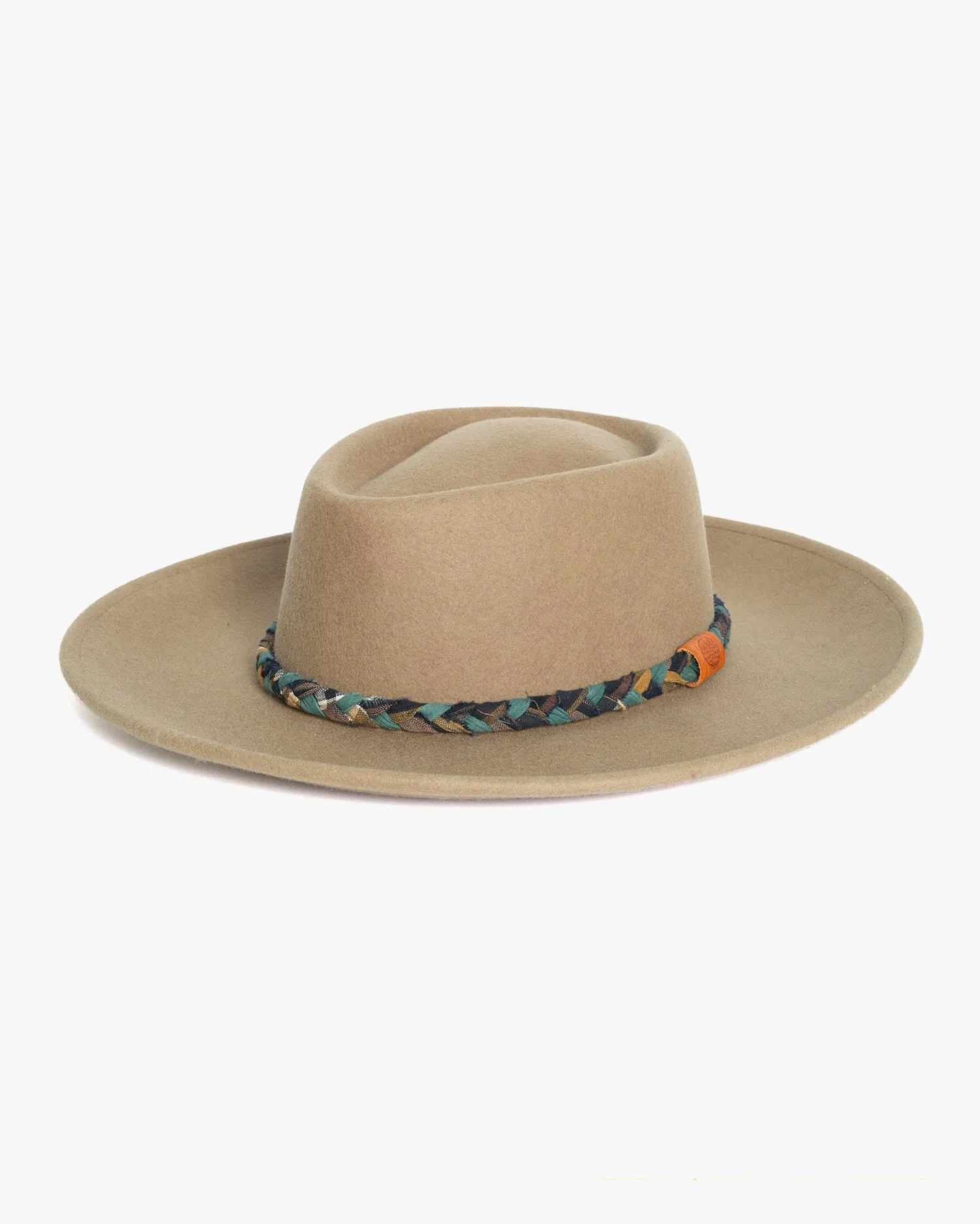 Kiriko Custom Wool Felt Hat, Camel with Braided Boro Fabric, Brixton, Teal and Indigo sold by Kiriko