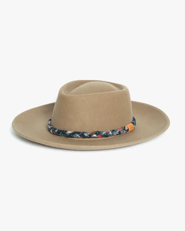 Kiriko Custom Wool Felt Hat, Camel with Braided Boro Fabric, Brixton, Indigo and Orange sold by Kiriko
