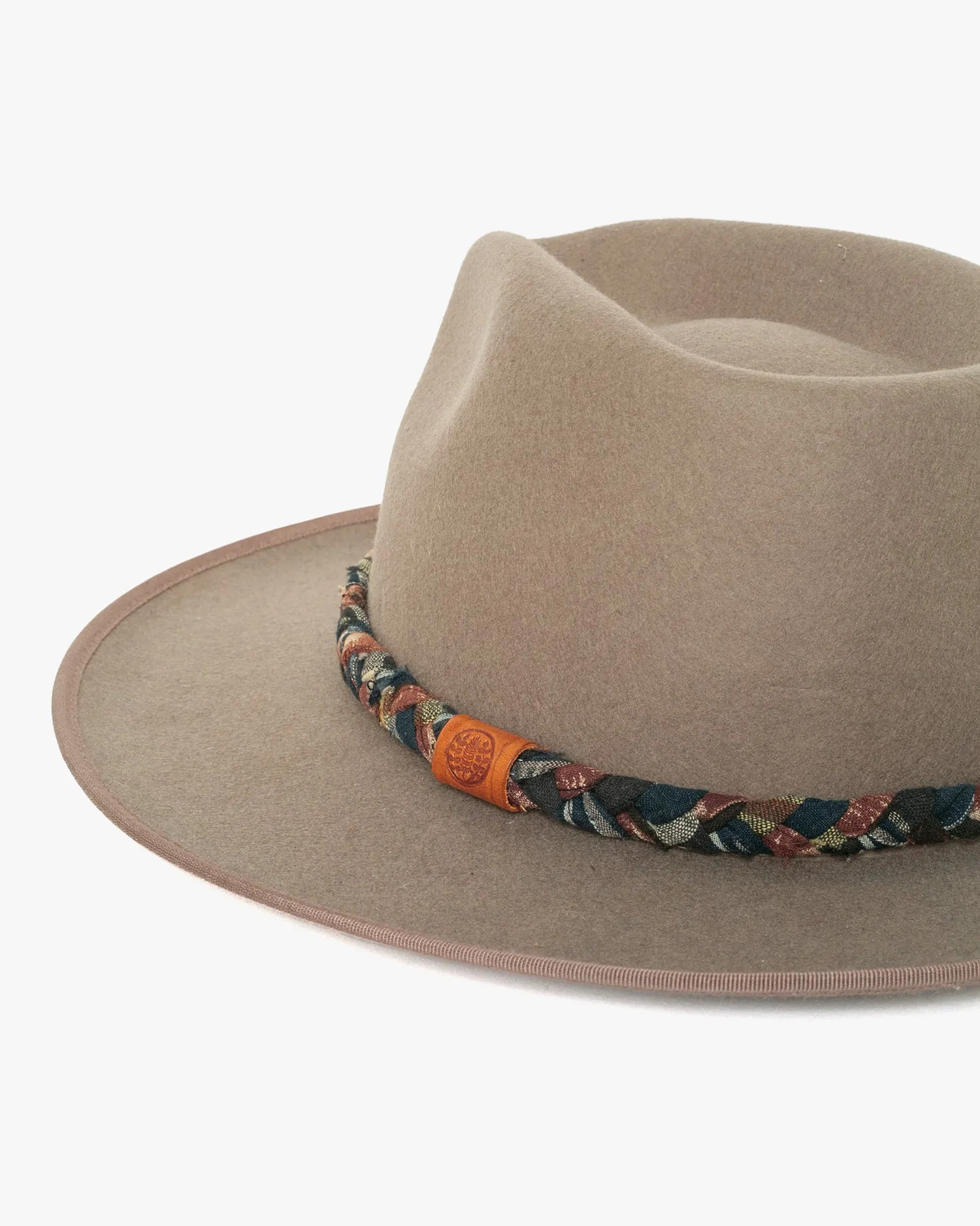 Kiriko Custom Wool Felt Hat, Taupe with Braided Boro Fabric, Brixton, Brown and Indigo sold by Kiriko product image thumbnail 4