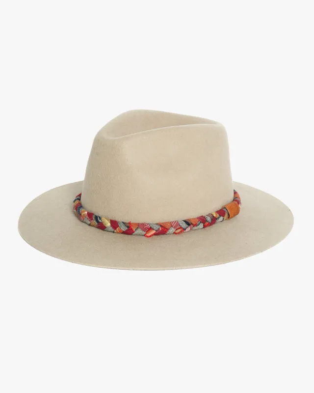 Kiriko Custom Wool Felt Hat, Camel with Braided Boro Fabric, Brixton, Red and Orange sold by Kiriko