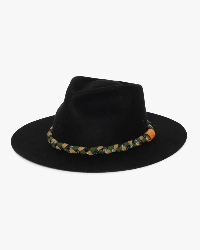 Kiriko Custom Wool Felt Hat, Black with Braided Boro Fabric, Yellow 108, Green and Indigo sold by Kiriko