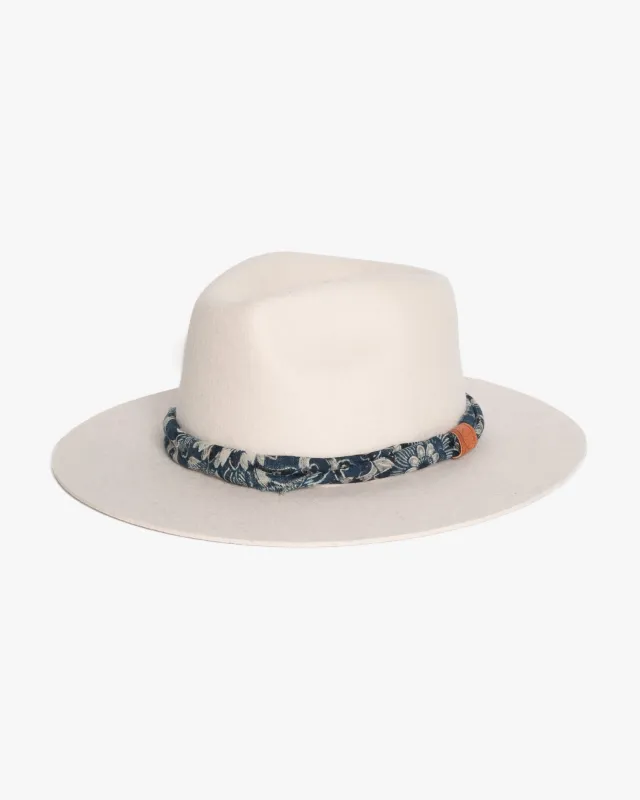 Kiriko Custom Wool Felt Hat, Stone with Twisted Boro Fabric, Brixton, Indigo Katazome Kiku Karakusa sold by Kiriko