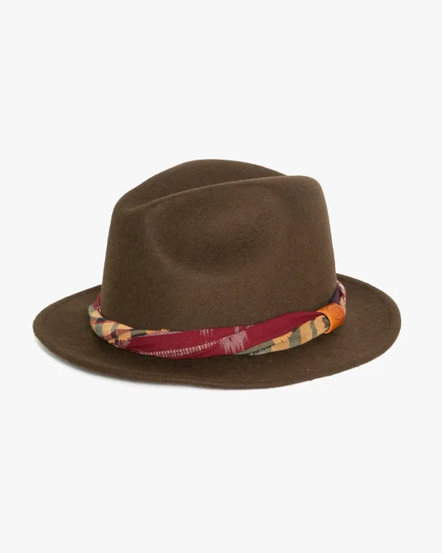 Kiriko Custom Wool Felt Hat, Khaki with Twisted Boro Fabric, Yellow 108, Red Kasuri and Orange Plaid sold by Kiriko