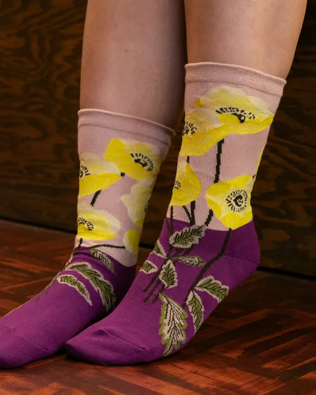 Debby Co., Crew Socks, Andé Collection, Magenta and Yellow Flowers sold by Kiriko