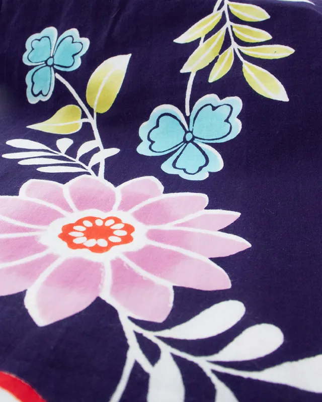 Kiriko Original Scarf, Kiji, Yukata, Navy Five Pink and Blue Flowers sold by Kiriko