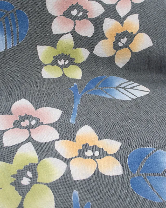 Kiriko Original Scarf, Kiji, Yukata, Dark Gray Five Petal Flower sold by Kiriko