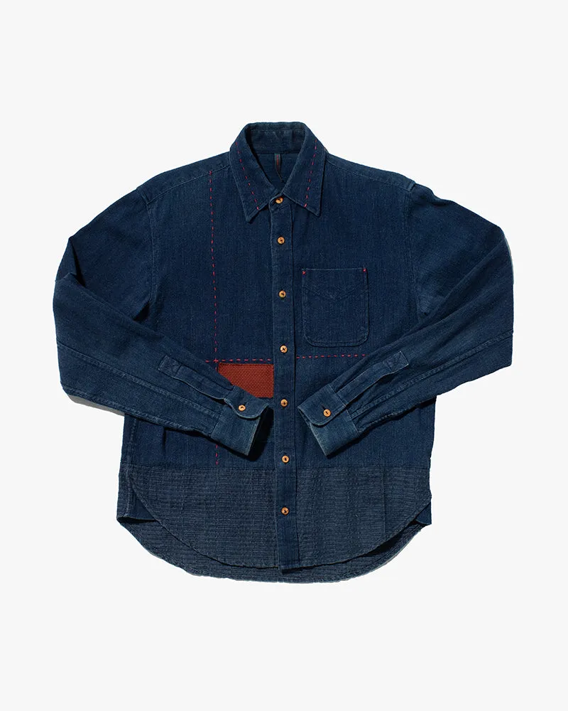Japanese Repro Button Up Shirt, Eternal, Two-Toned Faded Indigo with Sashiko Stitching and Custom Patches - L sold by Kiriko