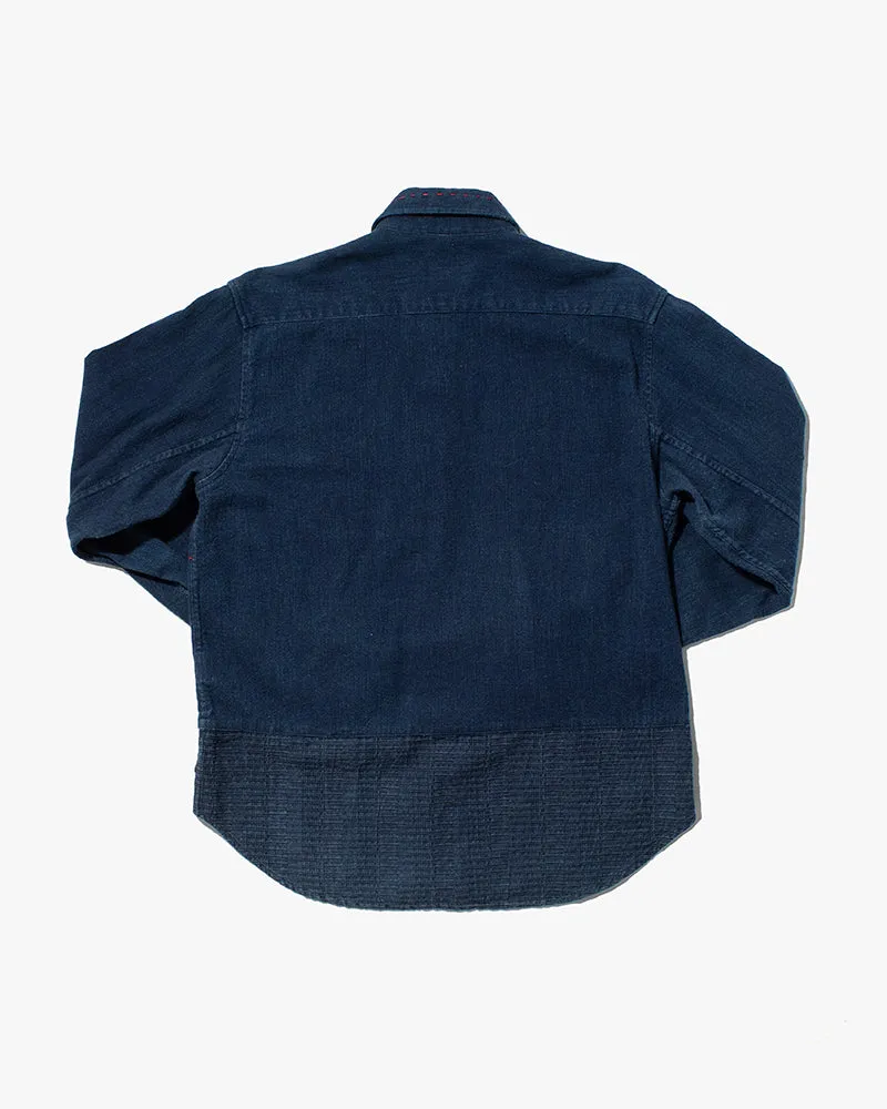 Japanese Repro Button Up Shirt, Eternal, Two-Toned Faded Indigo with Sashiko Stitching and Custom Patches - L sold by Kiriko product image thumbnail 3