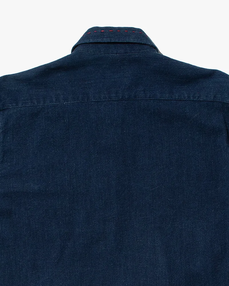 Japanese Repro Button Up Shirt, Eternal, Two-Toned Faded Indigo with Sashiko Stitching and Custom Patches - L sold by Kiriko product image thumbnail 4
