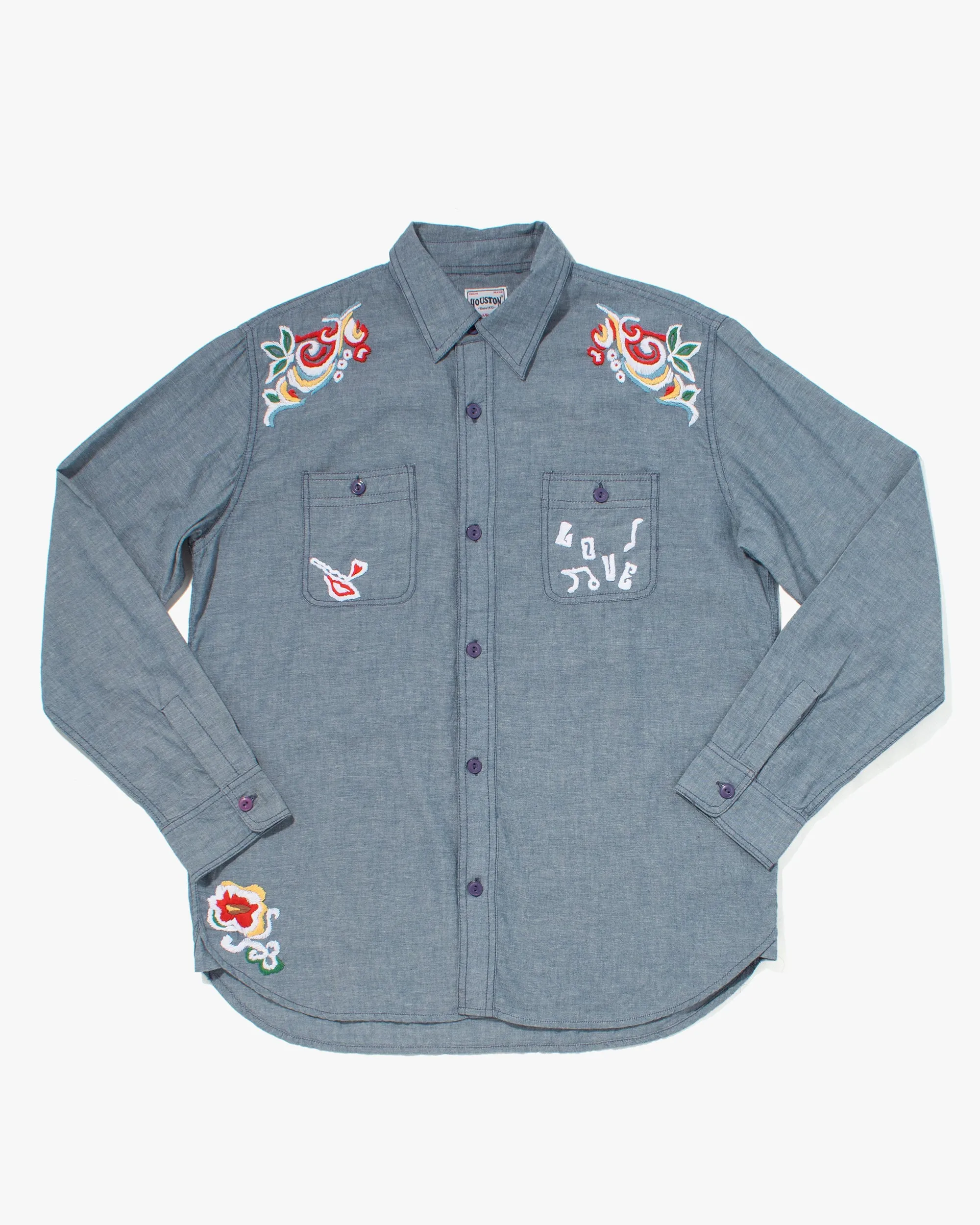 Japanese Repro Button Up Shirt, Houston, Floral Embroidery - L sold by Kiriko