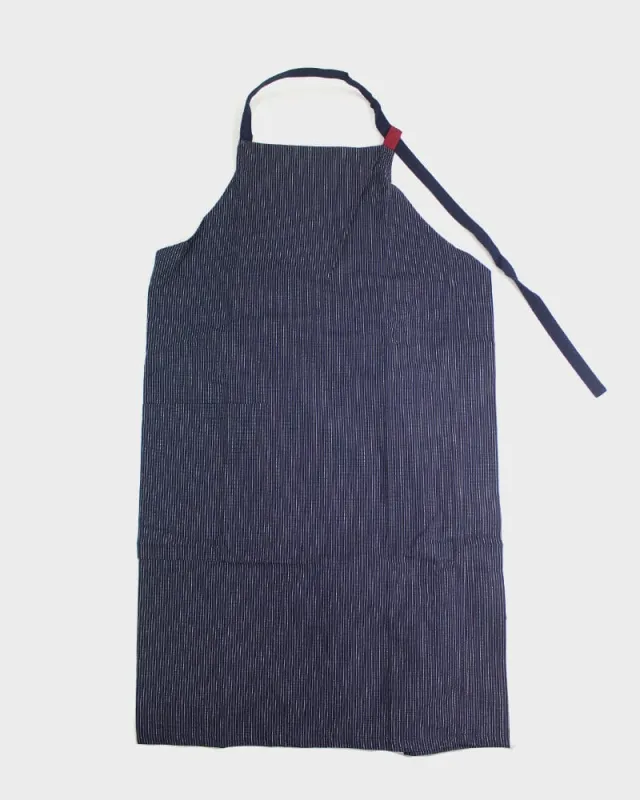ToK Japanese Apron, Cafe Style, Indigo with Thin White Shima sold by Kiriko