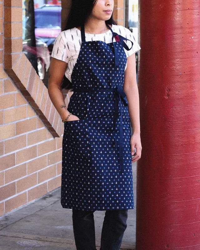 ToK Japanese Apron, Cafe Style, Indigo with Blue and White Jyuji sold by Kiriko