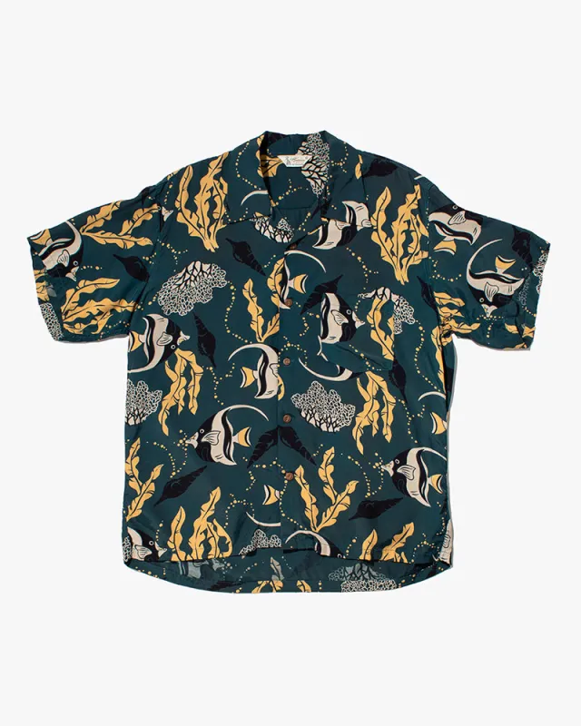 Japanese Repro, Short Sleeve Aloha Shirt, Hawaiian Aloha Tropical Brand, Deep Teal with Fish - M sold by Kiriko