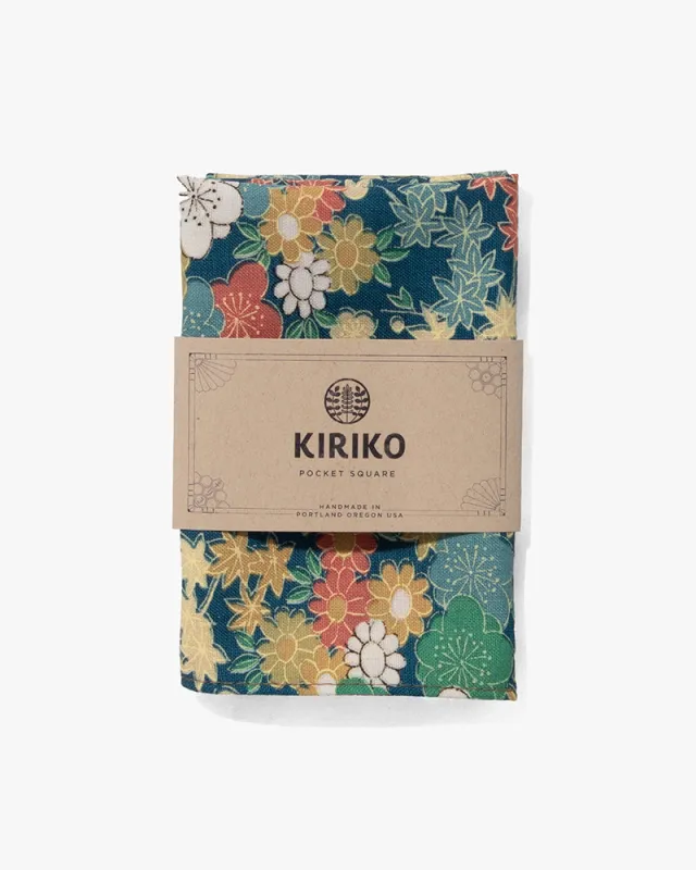 Kiriko Original Pocket Square, Teal with Multi Colored Ume and Momiji sold by Kiriko