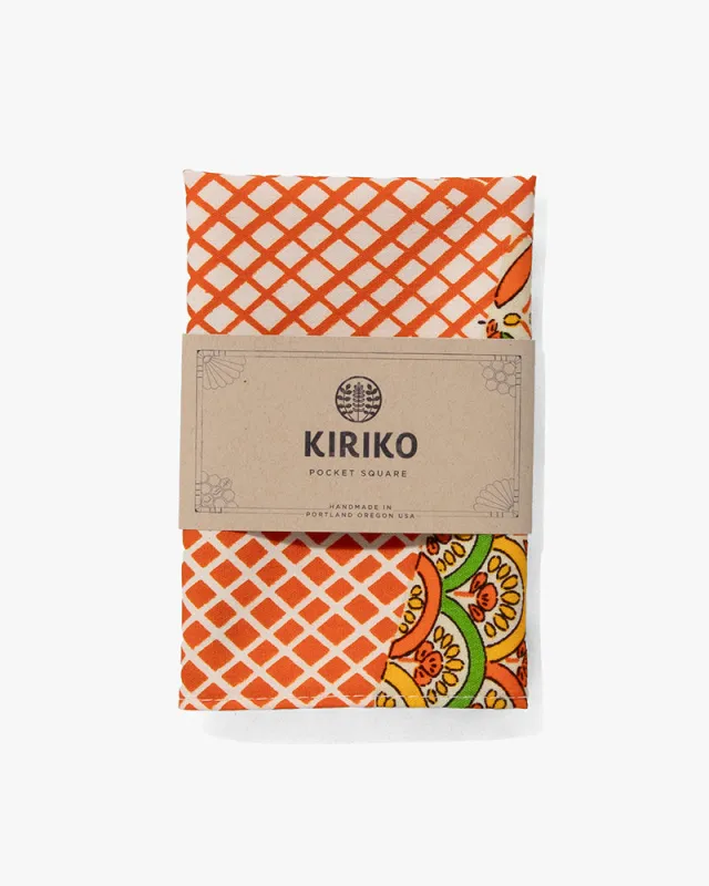 Kiriko Original Pocket Square, Orange with Multi Seigaiha and Hanabishi Shippou sold by Kiriko
