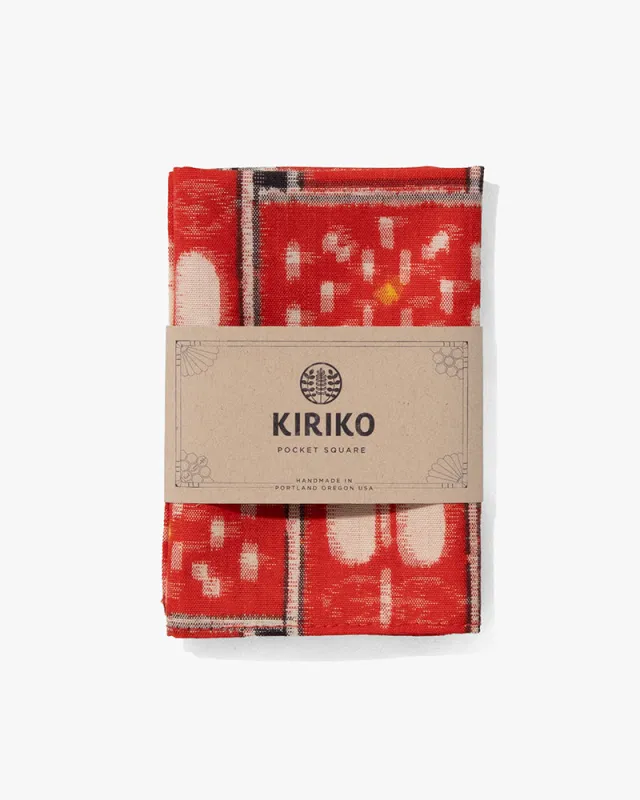 Kiriko Original Pocket Square, Kasuri Abstract flower with Red Basket Weave sold by Kiriko