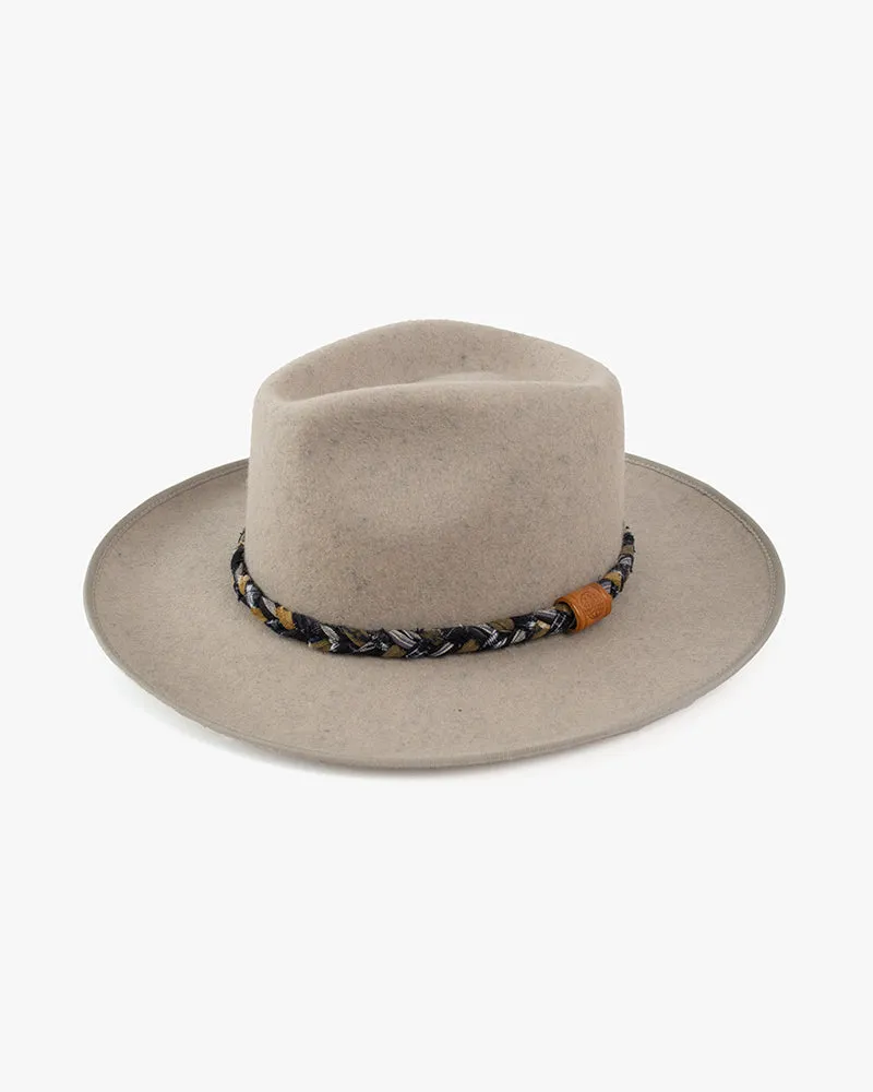 Kiriko Custom Wool Felt Hat, Oatmeal with Braided Boro Fabric, Brixton, Oatmeal and Taupe sold by Kiriko