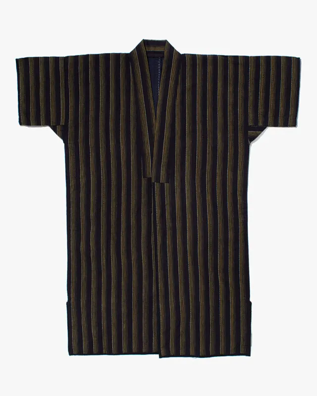Vintage Noragi Jacket, Partially Sashiko Stitched, Indigo with Yellow Stripes sold by Kiriko