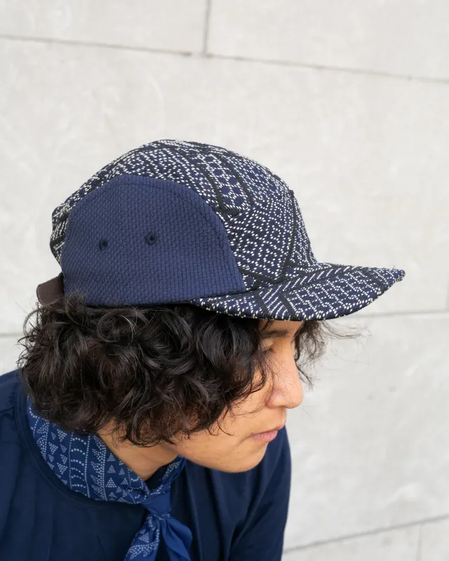 Kiriko Original Cap, 5-Panel, Two Tone, Indigo and Black Sashiko Hishi X Sashi-Ori sold by Kiriko