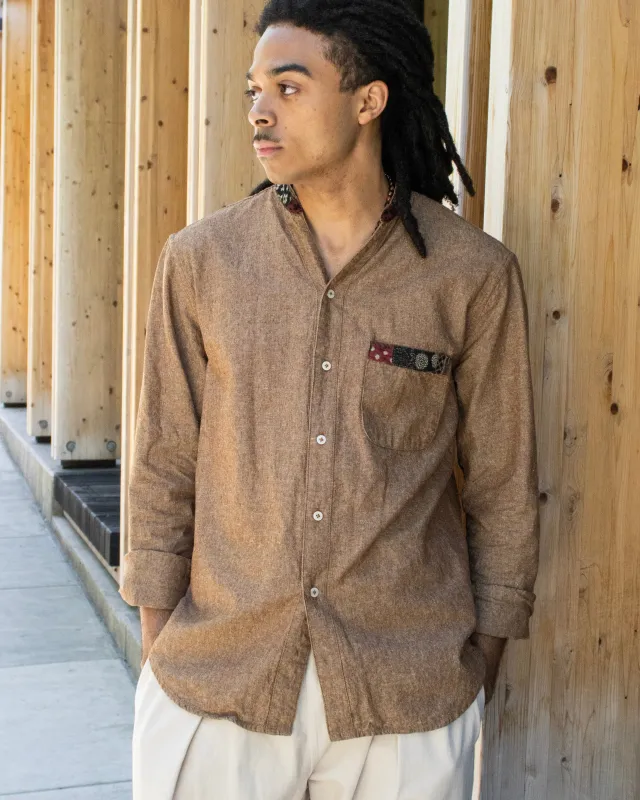 Kiriko Original Shirt, Long Sleeve Button-Up, Mandarin Collar, Amber Chambray with Azuki Patchwork Style sold by Kiriko